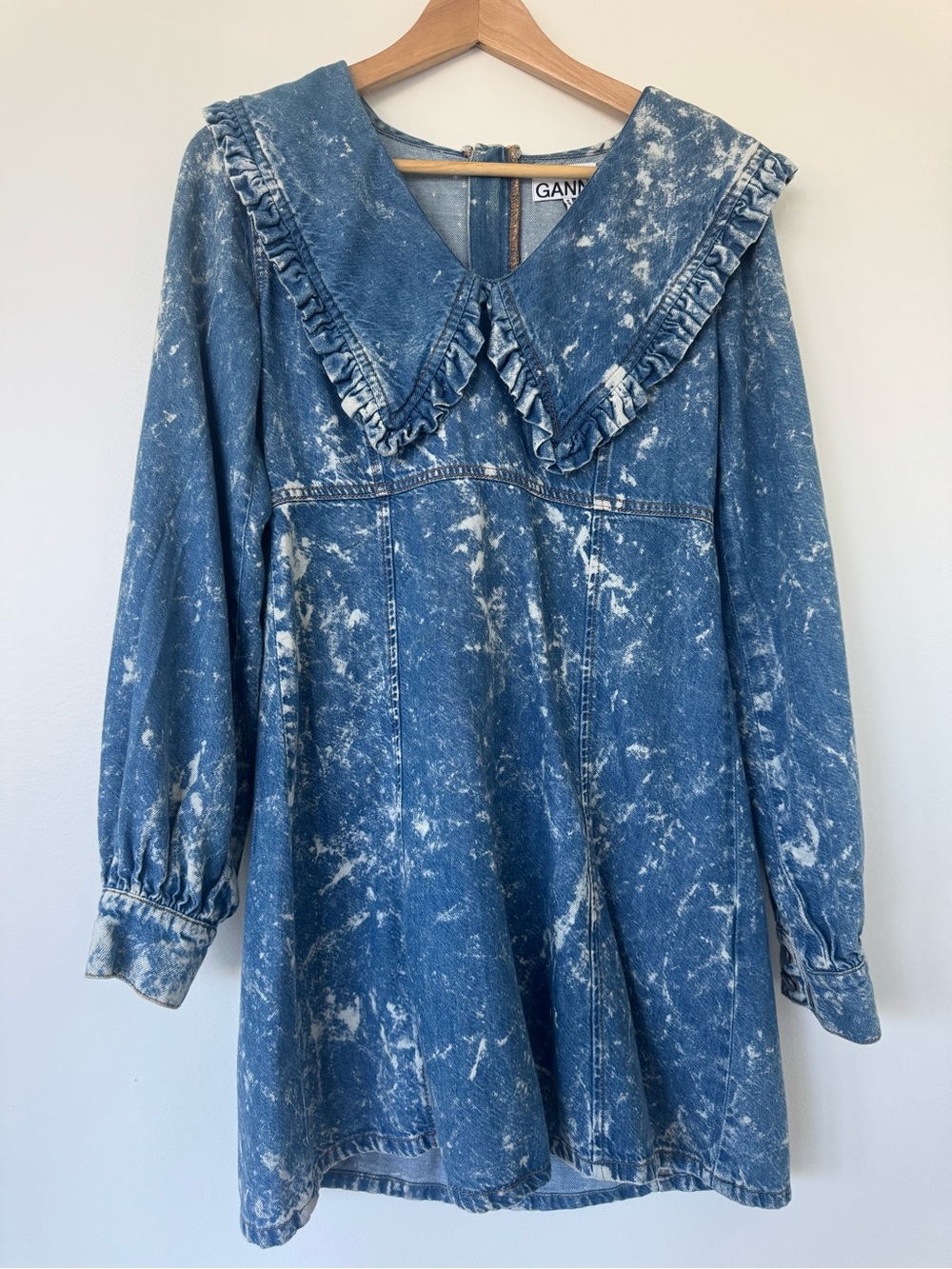 Ganni Acid-Wash Denim Dress with Ruffle Collar - Blue & White